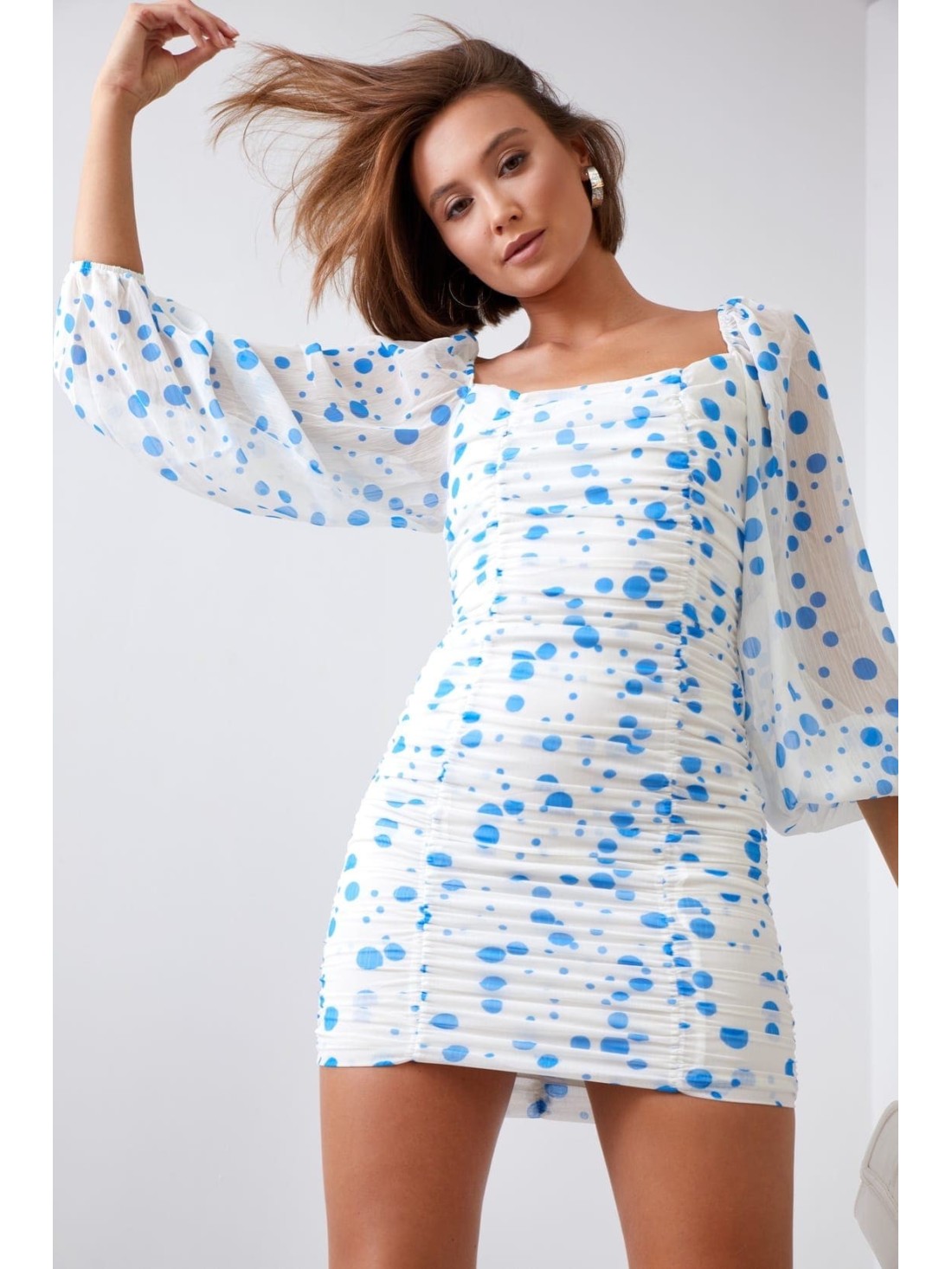 Cream and blue polka dot draped dress 2940 - Online store - Boutique